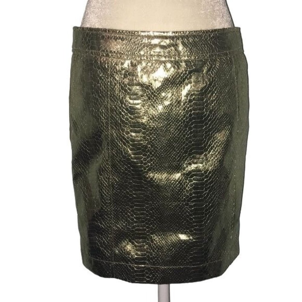 VO Jeans Snake Print Mini Skirt L Gold Polyurethane Front Knit Back Full Zip